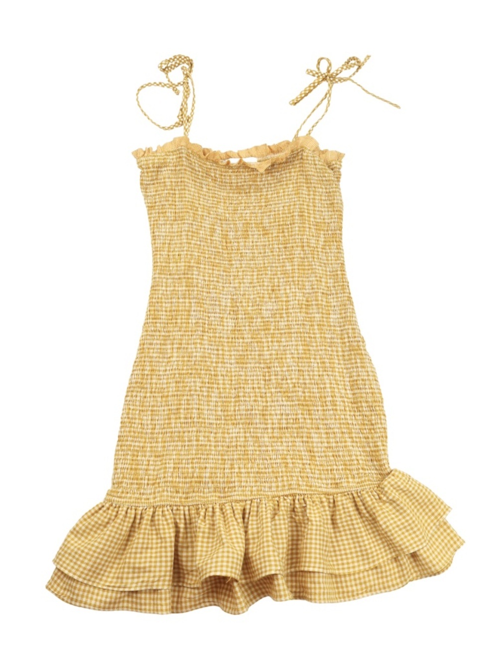 Gilli Mustard Yellow Gingham Smocked Ruffle Dress Size S Cottagecore